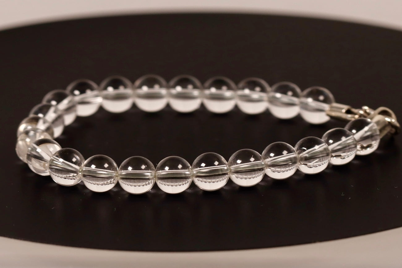 White Quartz Bracelet with Clasp – 8mm Clear Crystal Beads – Sterling Silver Hook