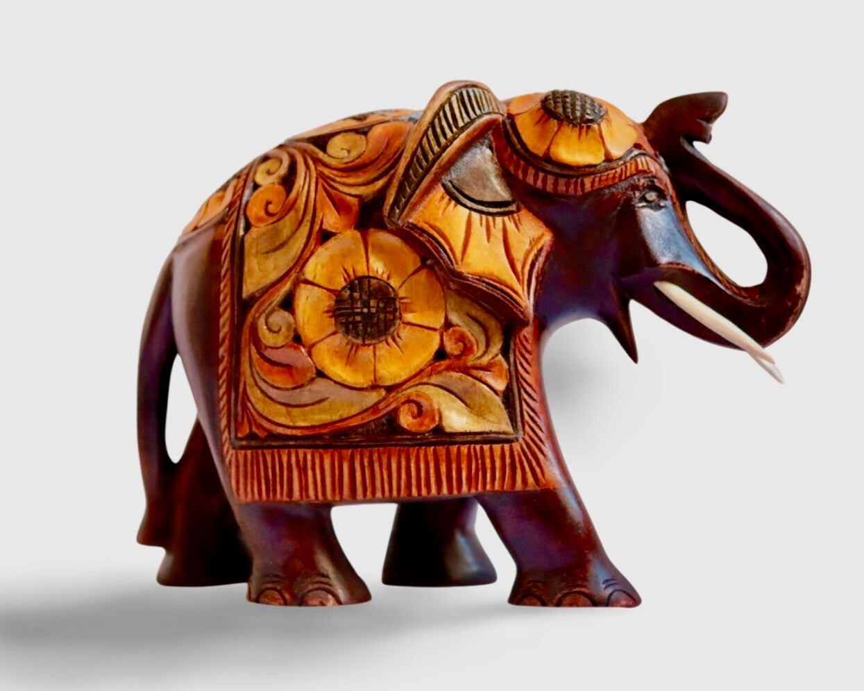 Hand Carved Wooden Elephant (Trunk Up) – Sri Lankan Artisan Wood Sculpture