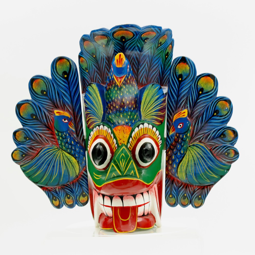 Handcrafted Sri Lankan Mayura Raksha Wooden Mask – Traditional Peacock Demon Wall Decor (Large)