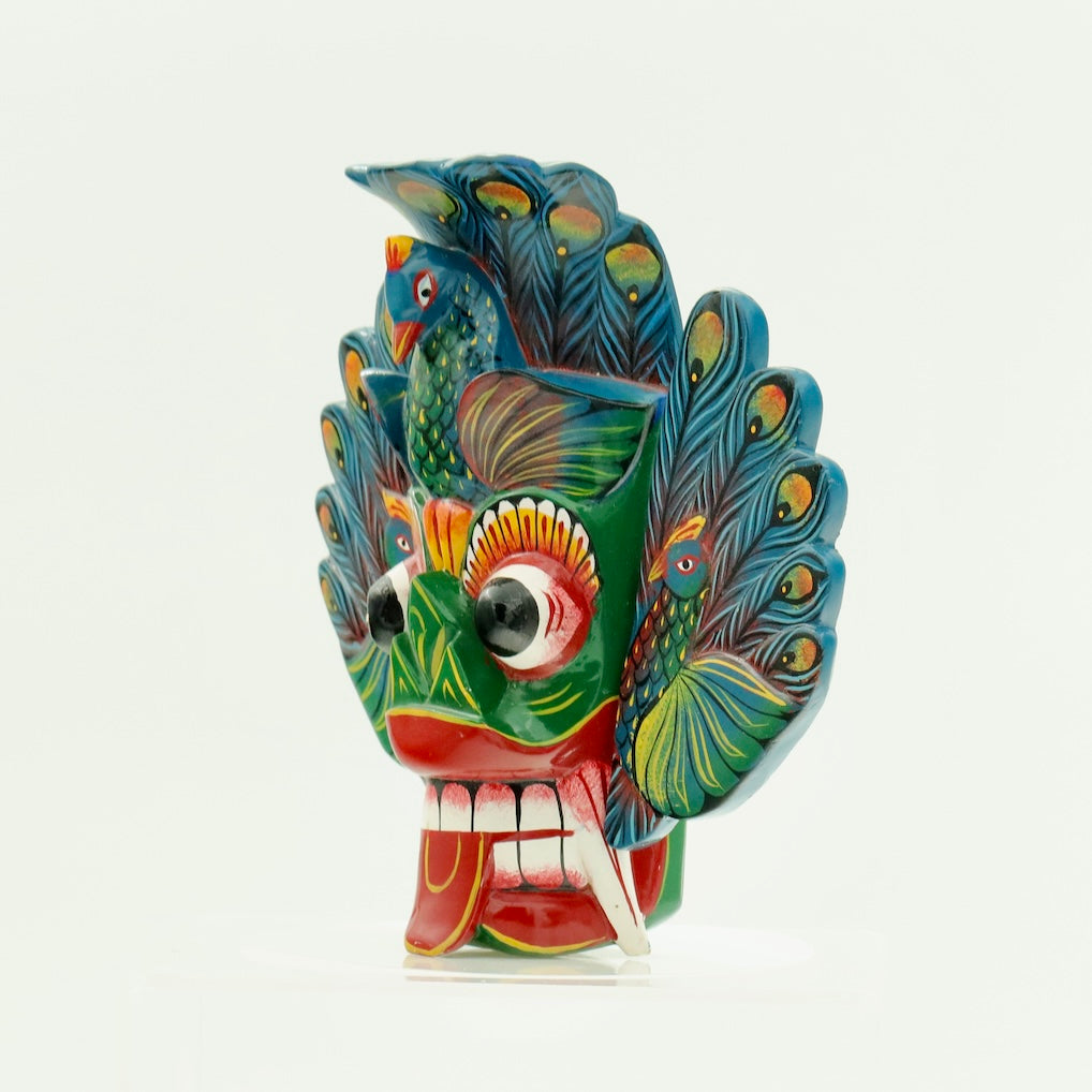 Handcrafted Sri Lankan Mayura Raksha Wooden Mask (Medium) – Peacock Demon Wall Decor