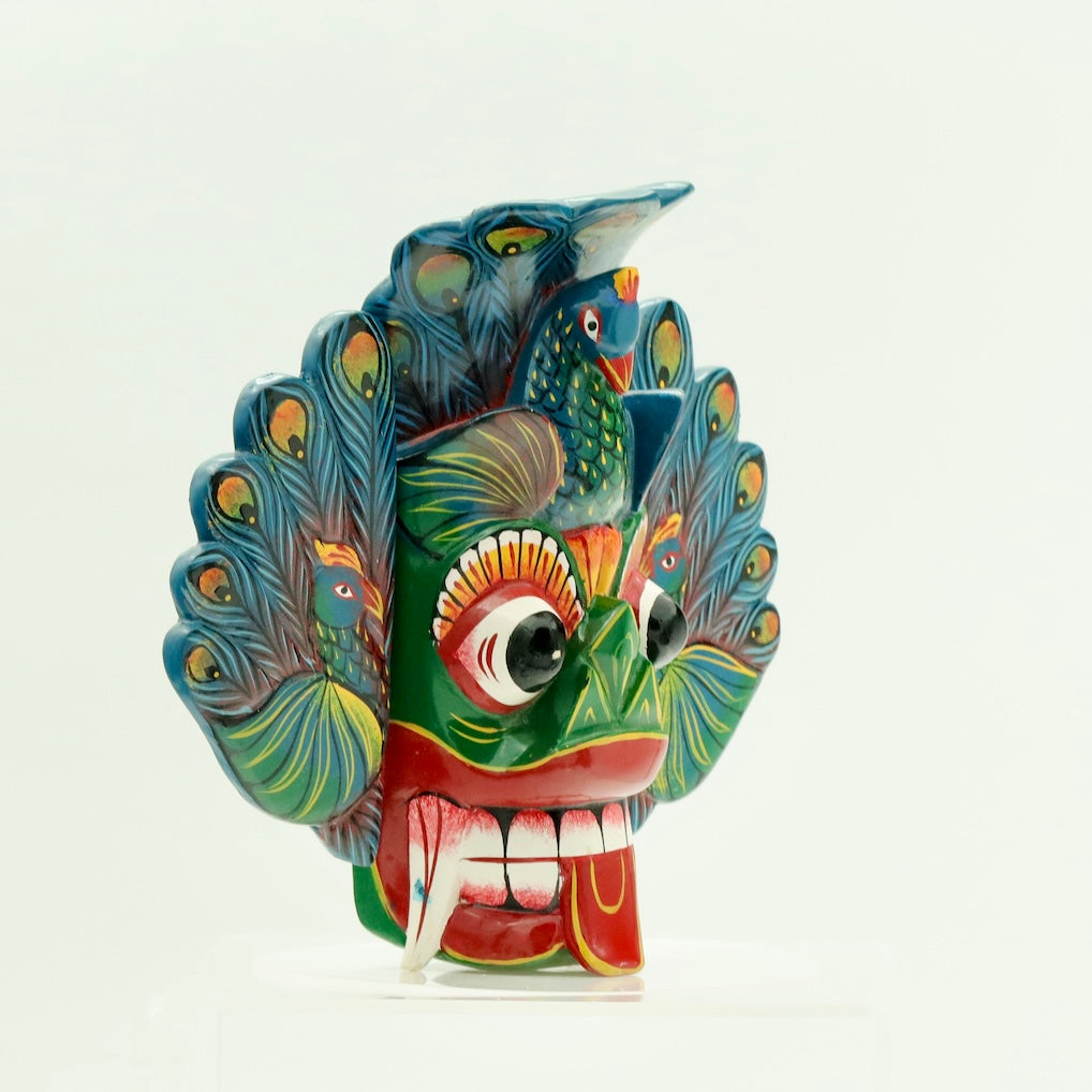 Handcrafted Sri Lankan Mayura Raksha Wooden Mask (Medium) – Peacock Demon Wall Decor
