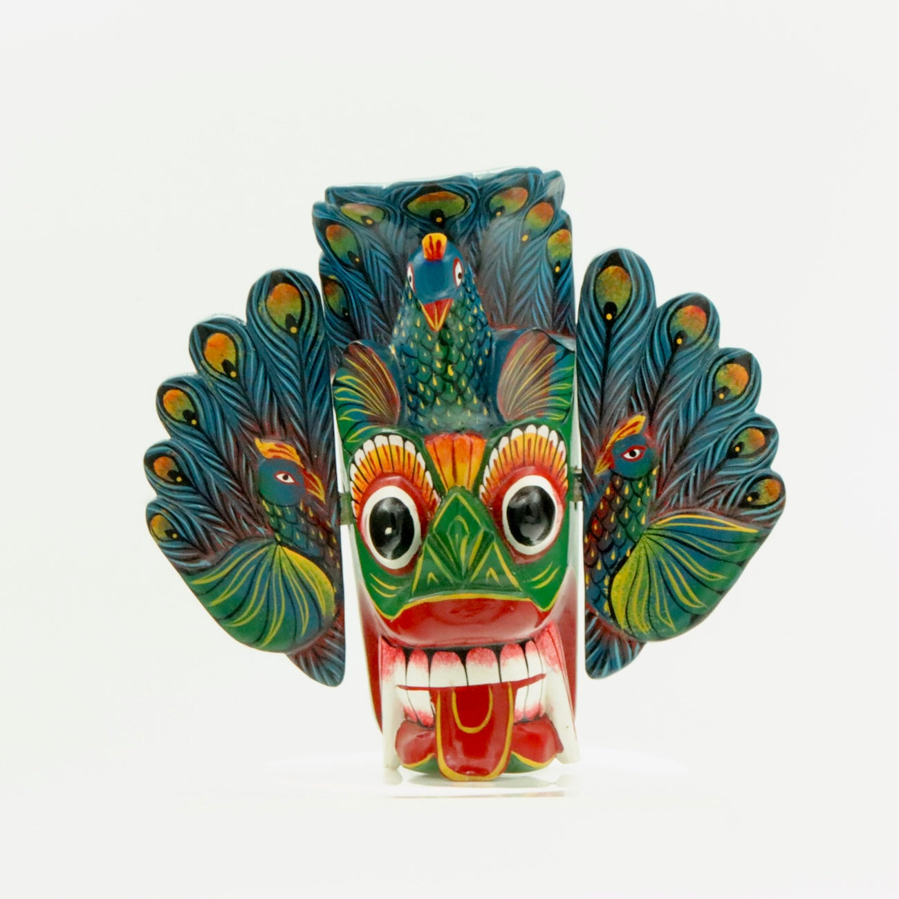 Handcrafted Sri Lankan Mayura Raksha Wooden Mask (Medium) – Peacock Demon Wall Decor