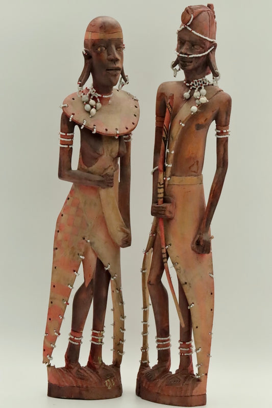 Hand Carved African Tribal Inspired Figures Set – Wooden Sculptures Male & Female – Ethnic Decor