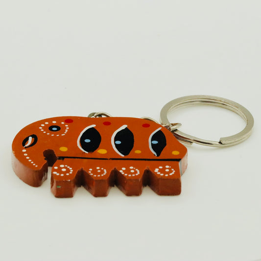Handmade Wooden Elephant Keychain – Colorful Hand Painted Key Ring Gift