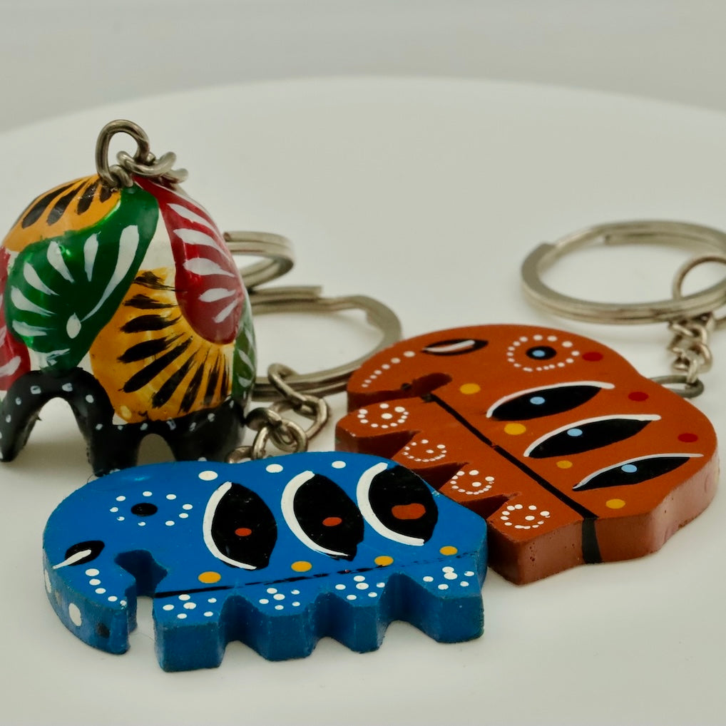 Handmade Wooden Elephant Keychain – Colorful Hand Painted Key Ring Gift