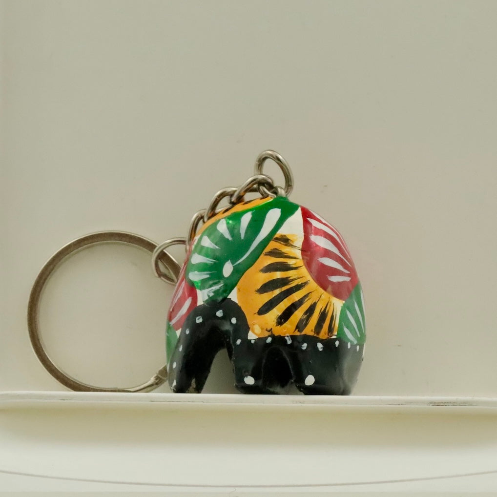 Handmade Wooden Elephant Keychain – Colorful Hand Painted Key Ring Gift