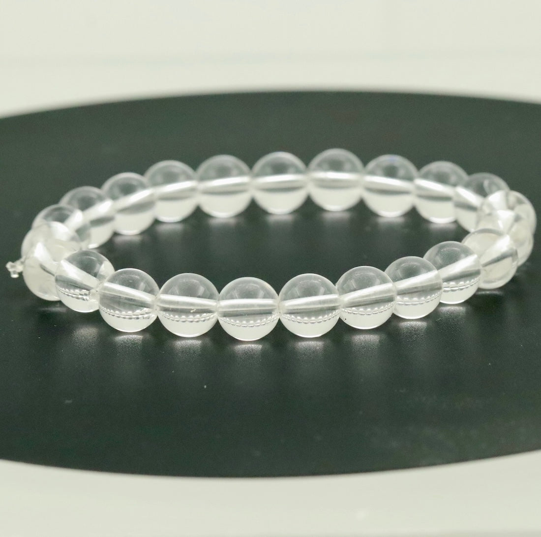 White Quartz Bracelet – 8mm Clear Crystal Beads – Stretch Fit Minimalist Jewelry