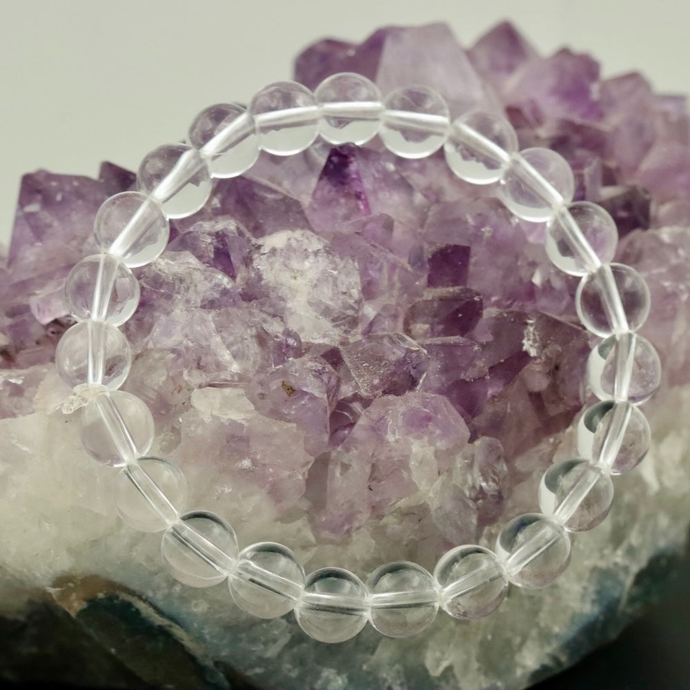 White Quartz Bracelet – 8mm Clear Crystal Beads – Stretch Fit Minimalist Jewelry