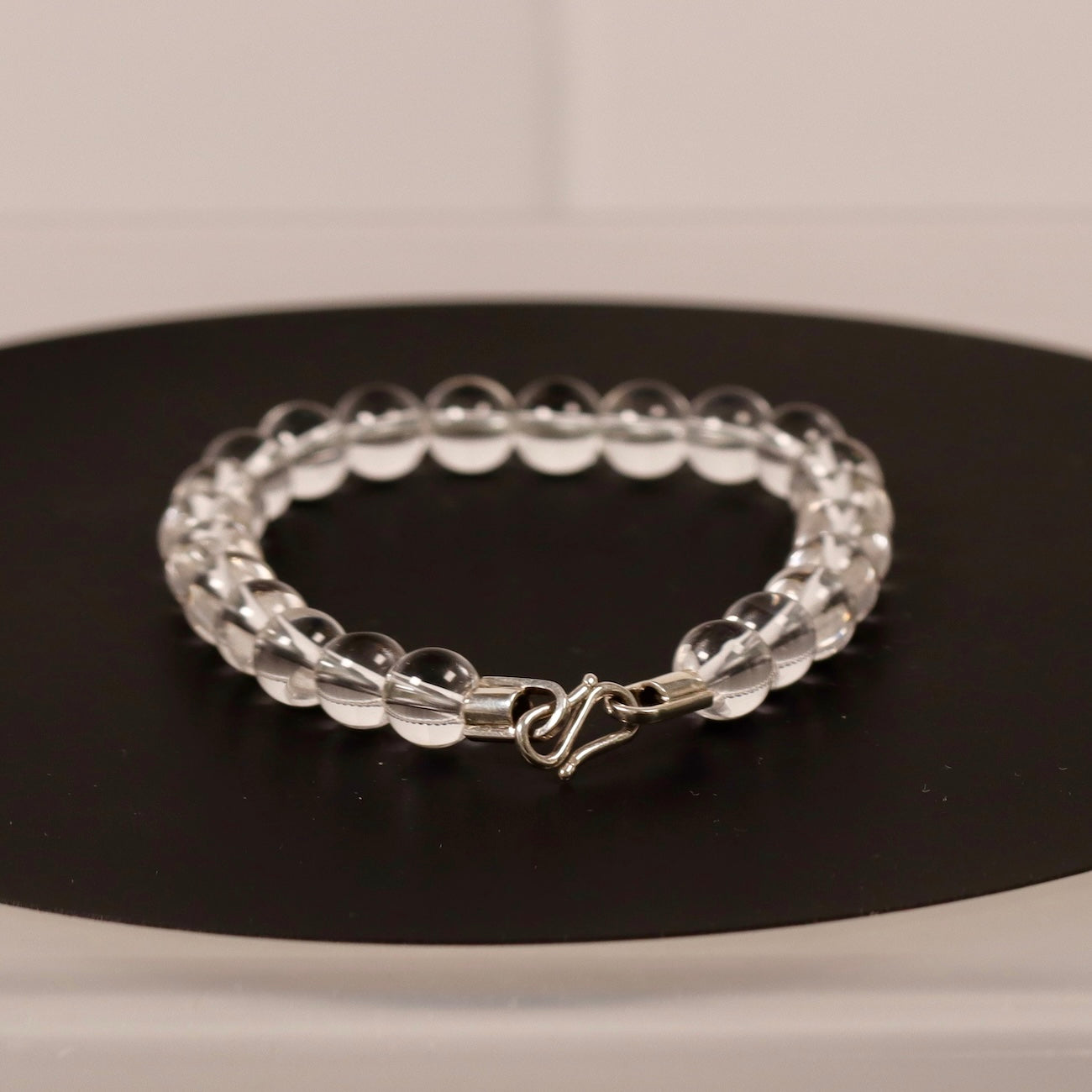 White Quartz Bracelet with Clasp – 8mm Clear Crystal Beads – Sterling Silver Hook