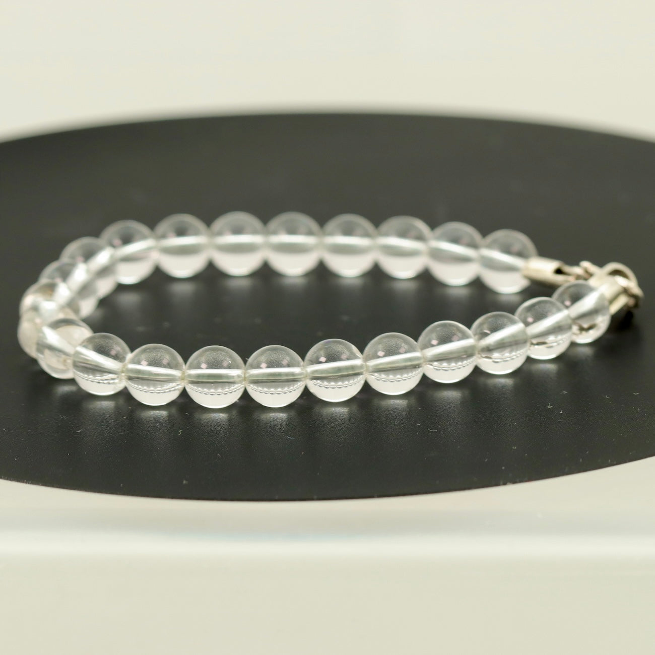 White Quartz Bracelet with Clasp – 8mm Clear Crystal Beads – Sterling Silver Hook