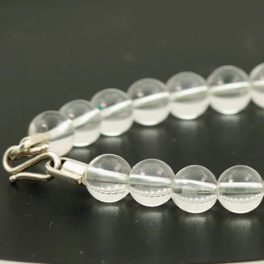 White Quartz Bracelet with Clasp – 8mm Clear Crystal Beads – Sterling Silver Hook
