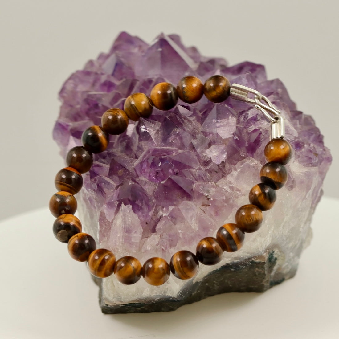 Tiger Eye Bracelet with Sterling Silver Clasp – 8mm Natural Stone