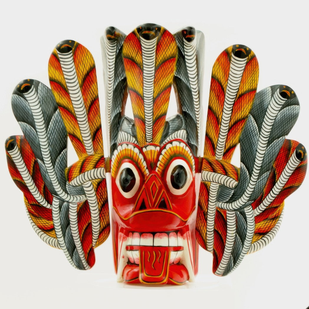 Handcrafted Sri Lankan Naga Raksha Wooden Mask – Traditional Cobra Demon Wall Mask