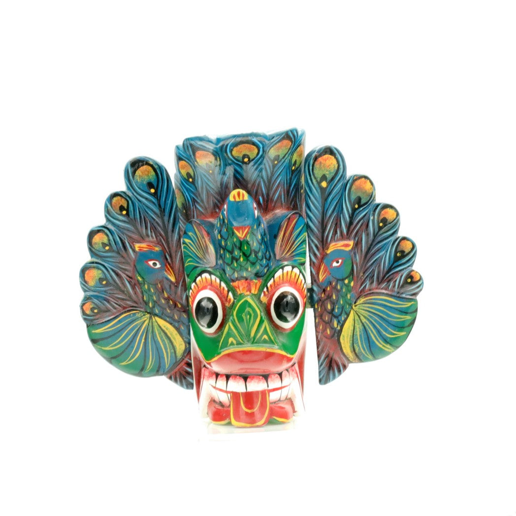 Handcrafted Sri Lankan Mayura Raksha Wooden Mask – Traditional Peacock Demon Wall Decor