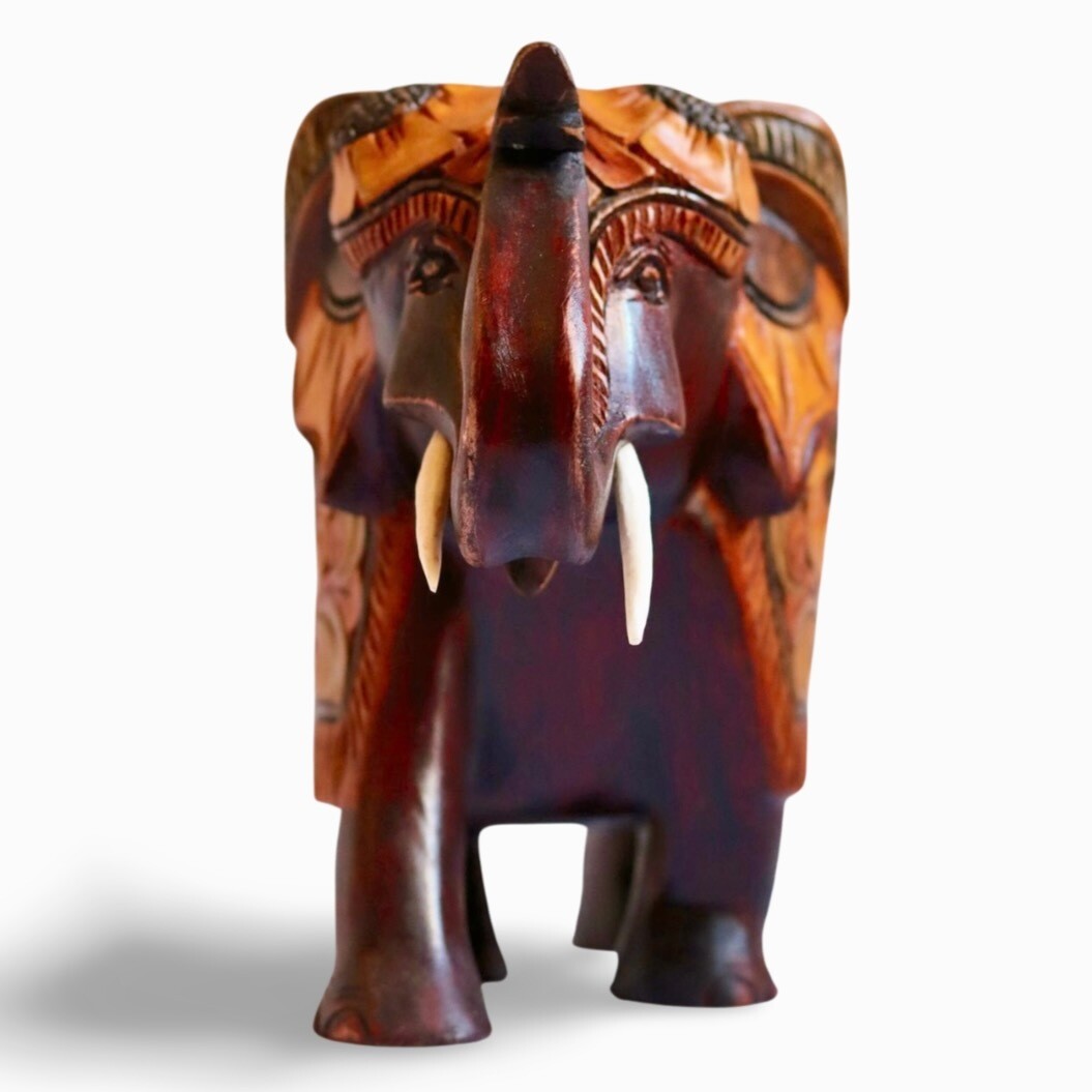 Hand Carved Wooden Elephant (Trunk Up) – Sri Lankan Artisan Wood Sculpture