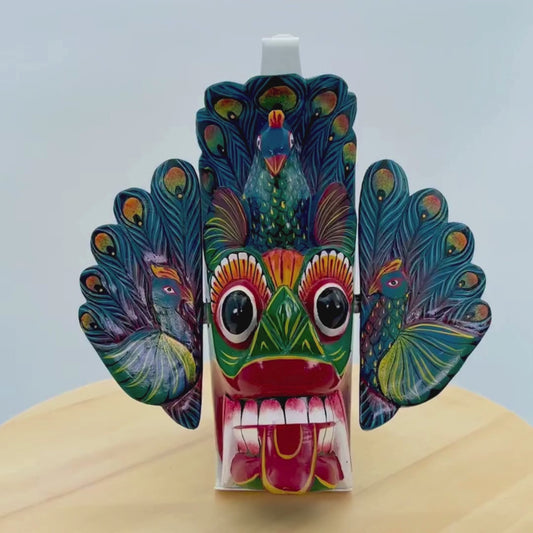 Handcrafted Sri Lankan Mayura Raksha Wooden Mask (Medium) – Peacock Demon Wall Decor